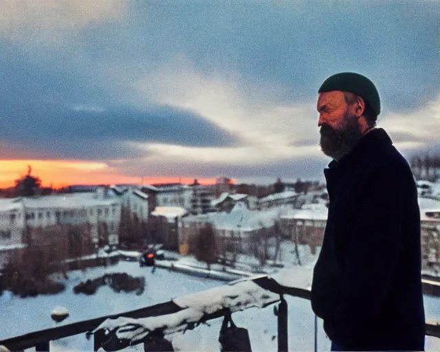 Image similar to lomographic tarkovsky film still of 4 0 years russian man with beard and sweater standing on small hrushevka 9 th floor balcony in taiga looking at sunset, perfect faces, cinestill, bokeh