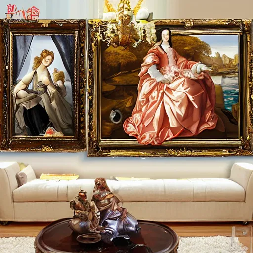 Prompt: renaissance oil painting, rococo, manga skinny female artist gestural painting brush freely giant wall size computer screen and keyboard, dolls