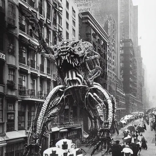 Image similar to old black and white photo, 1 9 1 3, depicting a giant biomechanical alien monster kaiju robot rampaging through the bustling streets of new york city, historical record