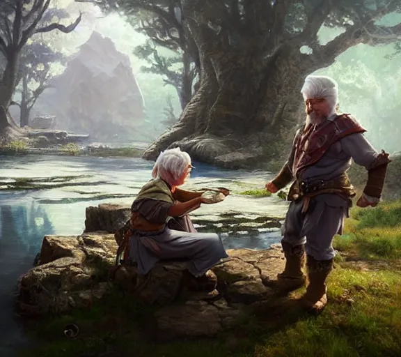 Prompt: fantasy halfling dice gambling with a white haired dwarf next to a shallow creek, oil painting, greg rutkowski, highly detailed, colorful, unreal engine, octane render, dramatic lighting, cinematic composition,