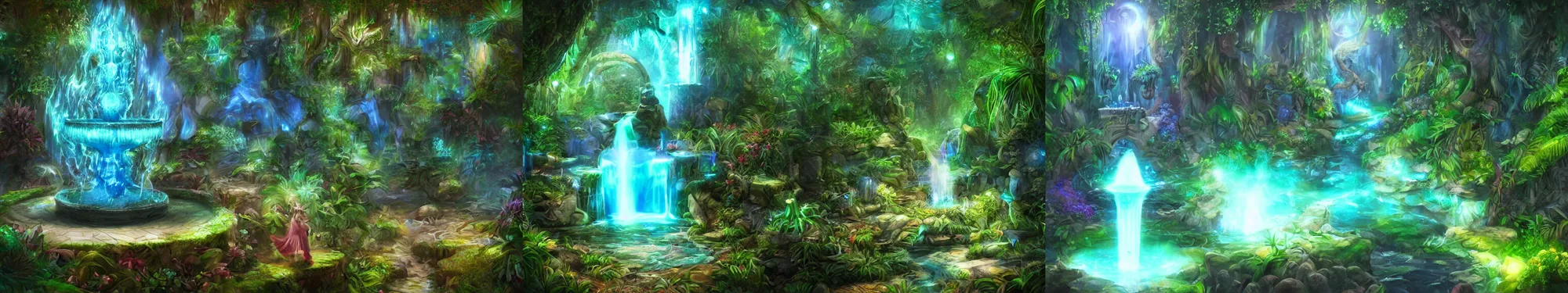 Prompt: immortality fountain, well, in the jungle. bloom, blue green lighting. fantasy, digital painting, hd, detailed.