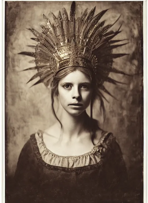 Image similar to portrait of young woman in renaissance dress and renaissance headdress, art by sally mann