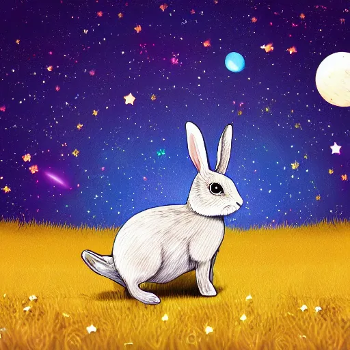 Prompt: running rabbit constellation, galaxy background, fantasy illustration