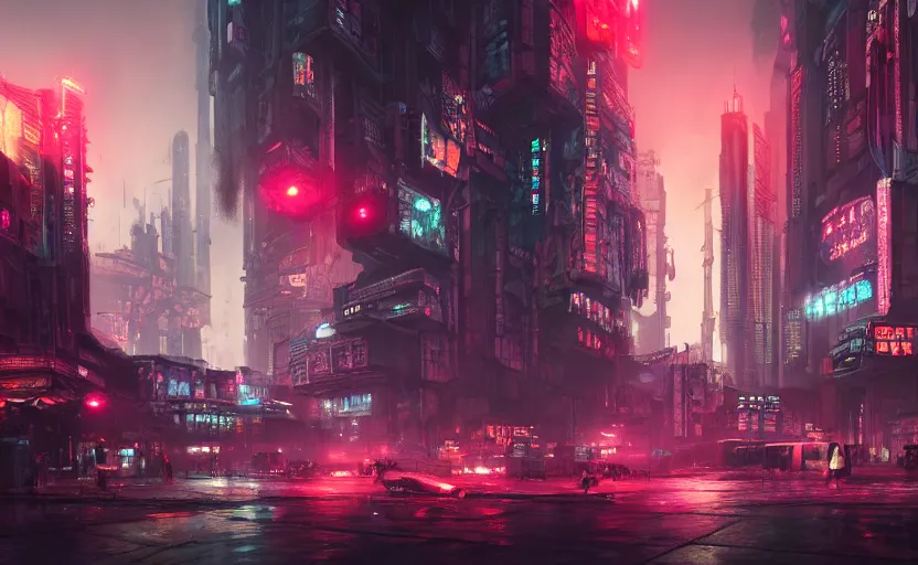 Image similar to matte painting environment design of dystopian cyberpunk city with neon lights, people on the streets being monitored by flying drones, trending on artstation, painted by dreadjim, eddie mendoza, james paick, ultra realistic, volumetric lighting, 4k, octane render