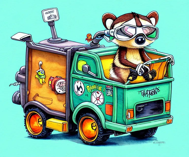 Image similar to cute and funny, racoon wearing goggles driving a tiny garbage truck, ratfink style by ed roth, centered award winning watercolor pen illustration, isometric illustration by chihiro iwasaki, edited by craola, tiny details by artgerm and watercolor girl, symmetrically isometrically centered