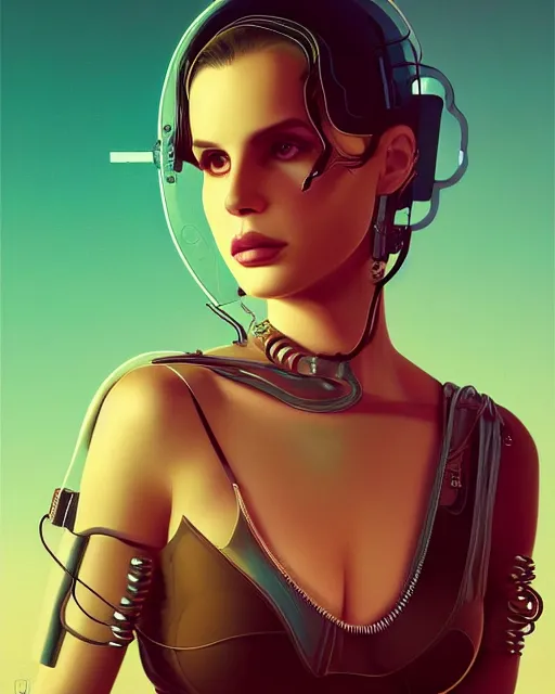 Image similar to portrait of Lana Del Rey as a cyborg. intricate abstract. intricate artwork. by Tooth Wu, wlop, beeple, dan mumford. dune by david lynch, octane render, trending on artstation, greg rutkowski very coherent symmetrical artwork. cinematic, hyper realism, high detail, octane render, 8k, iridescent accents