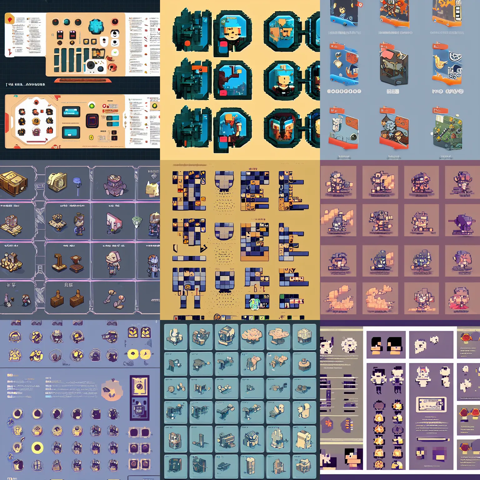 Prompt: ui designer ， icon design ， the game icon ， character reference sheet ， indie games voxels ， by victo ngai