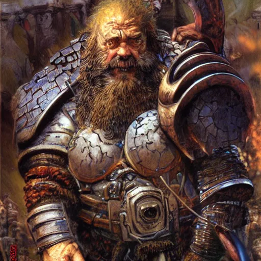 Prompt: art by donato giancola and bayard wu and gustav moreau and wayne barlowe, portrait, a fantasy cinematic close up shot of a dwarf berserker, warhammer, dnd, last stand