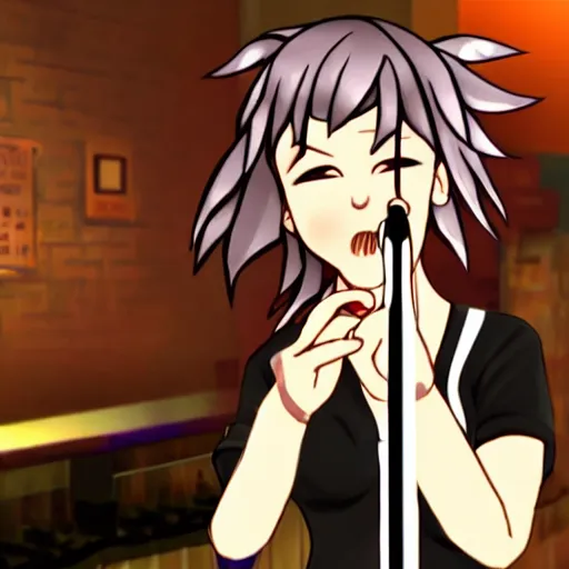 Image similar to danganronpa chiaki nanami playing the saxophone on stage in a low lit jazz bar,