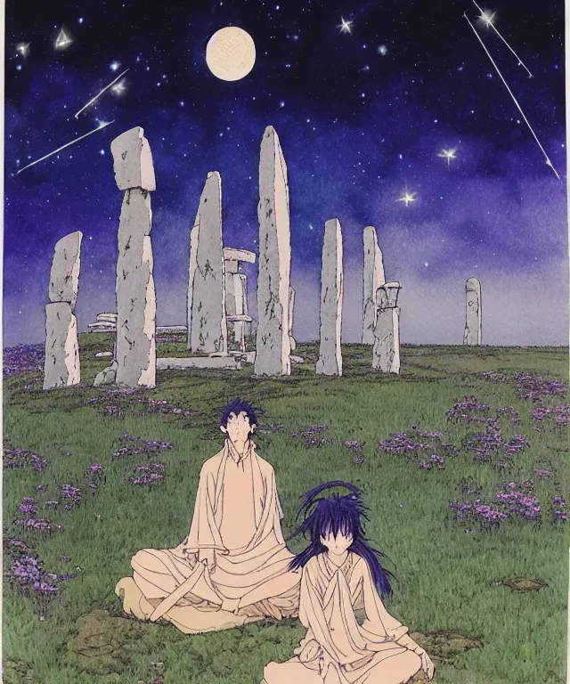 Image similar to a hyperrealist studio ghibli watercolor fantasy concept art. in the foreground is a giant long haired grey warlock sitting in lotus position on top of stonehenge with shooting stars all over the sky in the background. by rebecca guay, michael kaluta, charles vess