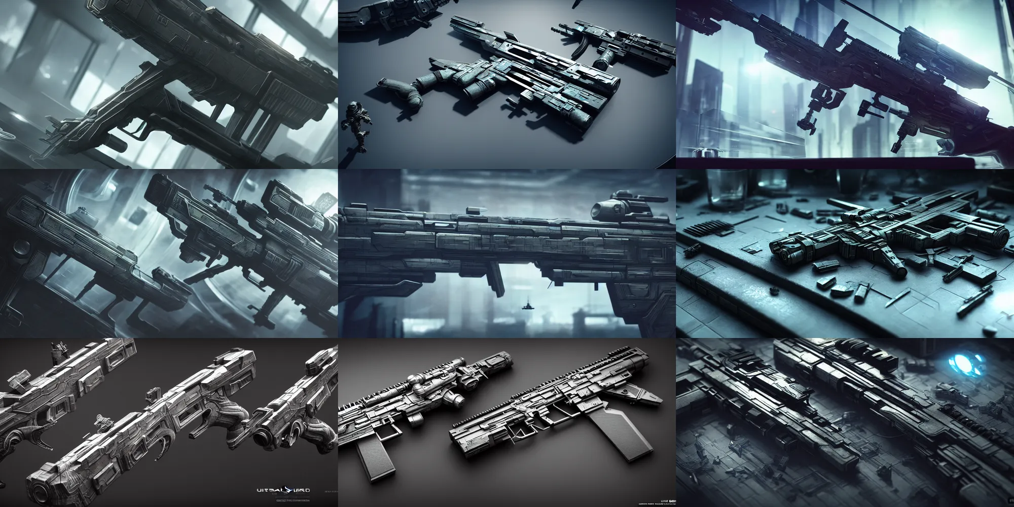 Prompt: ultra realistic, concept art, a variety of futuristic guns on a glass table, sci - fi, intricate details, eerie, highly detailed, octane render, unreal, straight lines, sharp