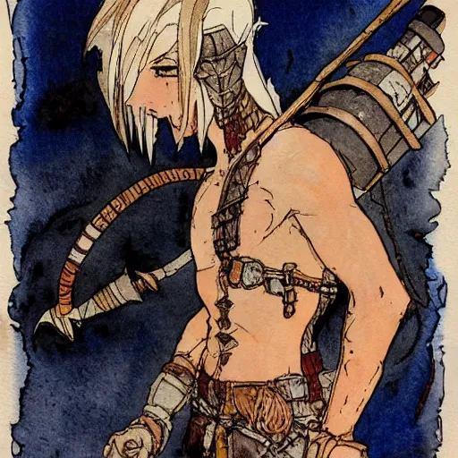 Prompt: watercolor, final fantasy tactics character, barbarian on mars, artwork by harry clarke