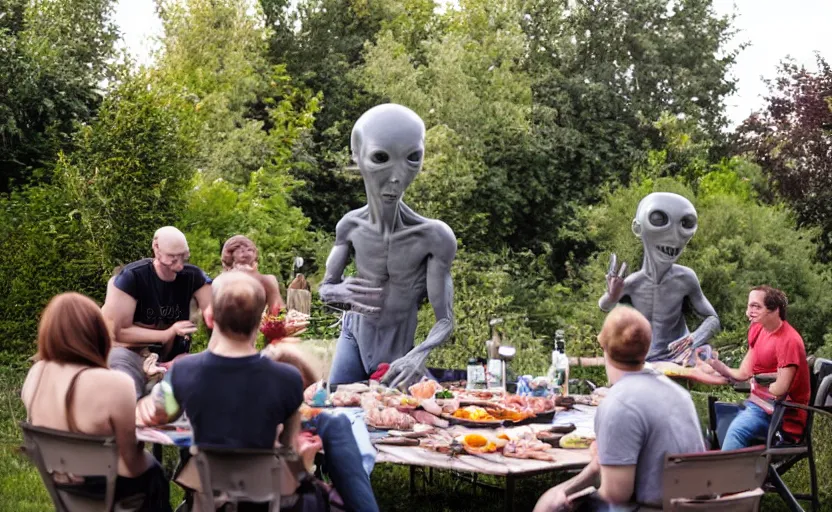 Image similar to a small group of friends having a bbq with a grey alien at the backgarden of a detroit house