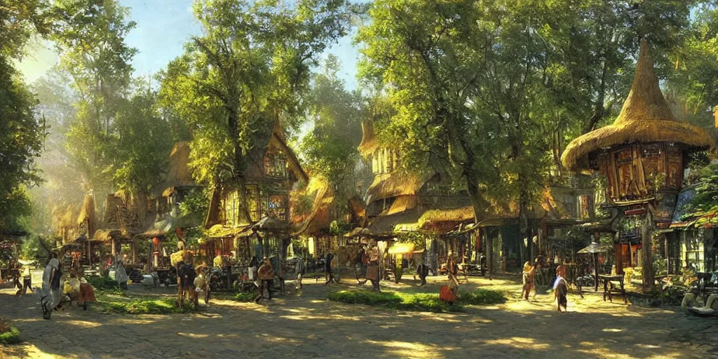 Image similar to a cozy fantasy city in a shaded forest, marketplace, thatched houses, yellow and greens, sun rays, peaceful james gurney
