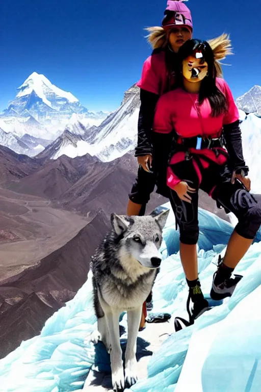 Image similar to kylie jenner mountain climbing on everest with wolves