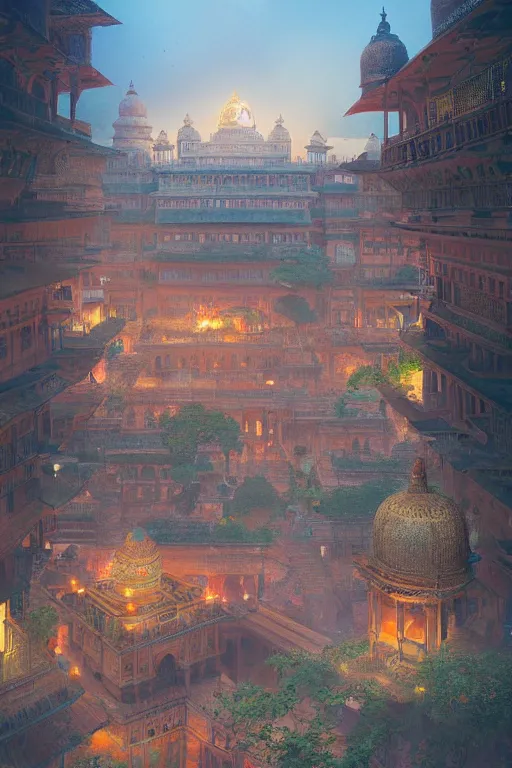 Image similar to old indian city with a breathtaking view of a magnificent maharajah palace at pink dawn, intricate, elegant, volumetric lighting, digital painting, highly detailed, artstation, sharp focus, illustration, concept art, ruan jia, steve mccurry