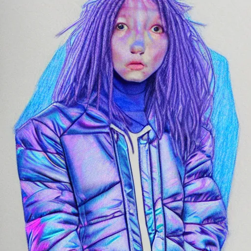 Image similar to a drawing of a blue and purple jacket, a color pencil sketch by avgust cernigoj, instagram contest winner, digital art, iridescent, art on instagram, childs drawing, seapunk