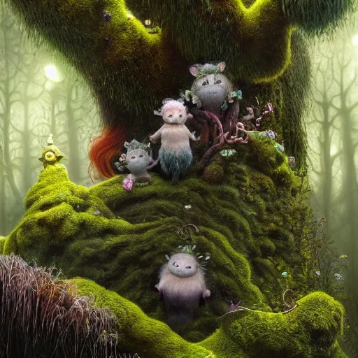 Prompt: a surreal bioluminescent, very very very cute hairy mossy forest troll in a happy forest world by daniel merriam, trending on artstation, oil on canvas by elena zhurikhina and goro fujita and charlie bowater, octane render, 4 k, 8 k, hd - n 9