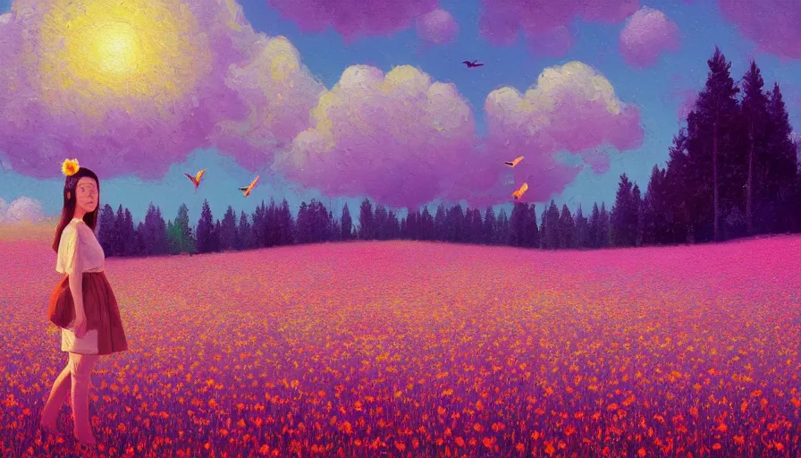 Image similar to girl with a flower face, surreal photography, dream, standing in flower field, hills, big trees, sunrise dramatic light, impressionist painting, colorful clouds and birds in sky, digital painting, pointillism, artstation, simon stalenhag