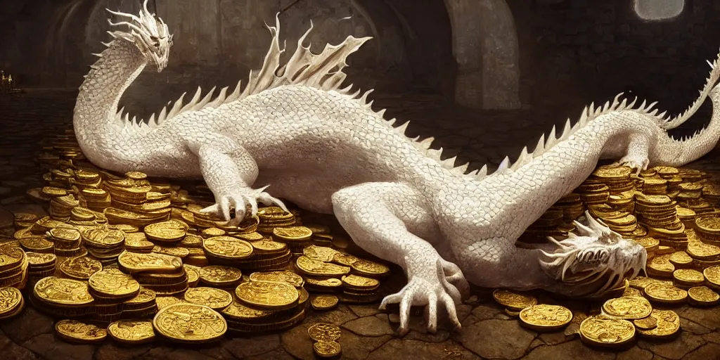 Image similar to concept art of a white scaled dragon laying on a mountain of golden coins and precious jewels inside a castle, medieval, jewels, gold, painting by wlop, nixeu and greg rutkowski, beautiful, semirealism, artstation, octane render, sharpness, 8 k, golden ratio