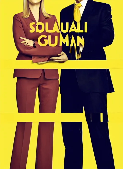 Prompt: Saul Goodman and Kim Wexler !dream Saul Goodman standing on a justice libra, minimalist art, poster, yellow background, very clean