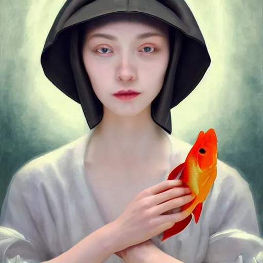 Prompt: A masterpiece portrait of a Incredibly beautiful queer barique renaissance girl in nun hat, holding koi fish. light cute blush on face. glass fish hat. medium shot, intricate, elegant, highly detailed. trending on artstation, digital art, by Stanley Artgerm Lau, WLOP, Rossdraws, James Jean, Andrei Riabovitchev, Marc Simonetti, Yoshitaka Amano. background by James Jean and Gustav Klimt, light by Julie Bell, 4k, porcelain skin