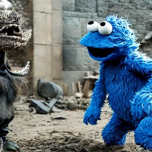 Prompt: cookie monster in game of thrones. having the time of his life.