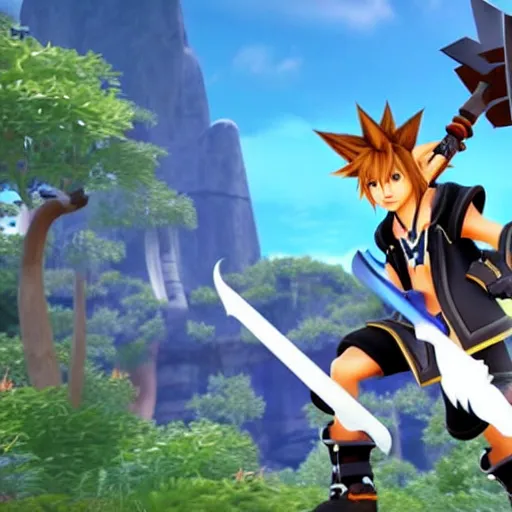 Image similar to A leaked image of a Warrior cats world in Kingdom Hearts 4, Kingdom hearts worlds, , action rpg Video game, Sora wielding a keyblade, Sora as a cat, cartoony shaders, rtx on, Erin hunter, Warrior cats book series