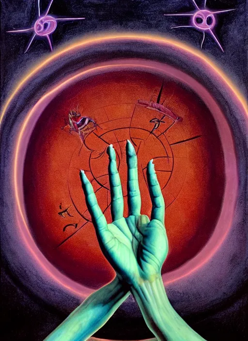 Image similar to antediluvian occult cosmology, panspermia, occult magic hand gestures, magick ritual hand signs, by joe jusko and remedios varo and daniel arsham and robert hooke, rule of thirds, vivid colours, negative space, atmospheric, digital painting, artstation, concept art, smooth, sharp focus