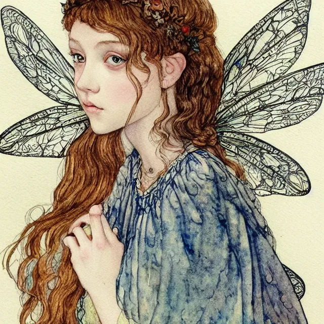 Image similar to a detailed, intricate watercolor and ink portrait illustration with fine lines of young 1 4 year old scarlett johannson as a fairy with dragonfly wings wearing a peasant dress, by arthur rackham and edmund dulac and lisbeth zwerger