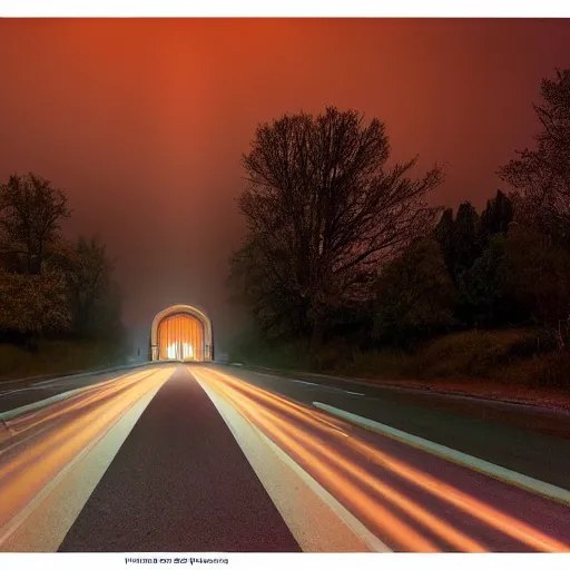 Image similar to A stunningly beautiful award-winning 8K high angle close up cinematic movie photograph of a spooky foggy empty lightless moonlit main intersection in an abandoned 1950s small town at night. perfect composition, shot from roofline, moody low key backlit. Color palette from Seven, greens yellows and reds. 2 point perspective, high angle from 15 feet off the ground. Octane render