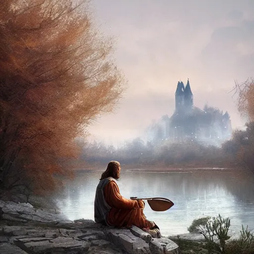 Image similar to jesus sitting by the river fishing, exudes terror, castle, mysterious breath, spitfire, photography, hyperrealistic, by greg rutkowski, smooth, illustration, elegant, artstation, digital painting.