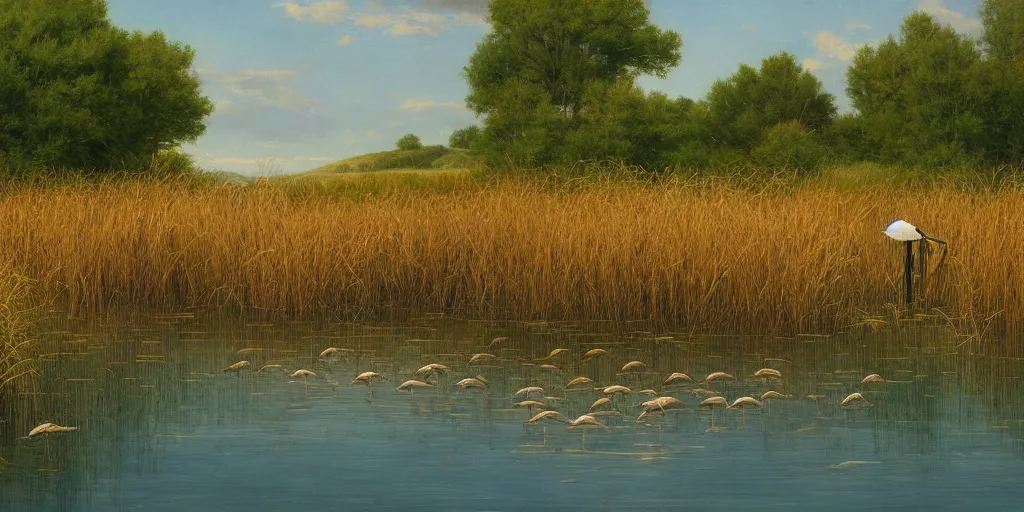 Image similar to a beautiful lake landscape in summer, reed on riverbank, stork in water, no mountains, clear sky, colorful, by Ernest deutsch + Ted Nasmith, cinematic lighting, masterpiece, highly detailed, 8k resolution, trending on art station