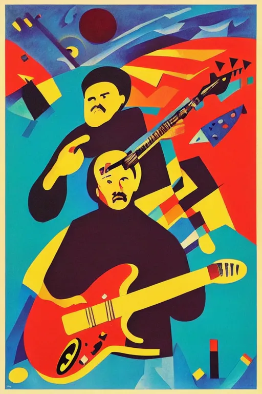 Prompt: “Lenin playing Fender Stratocaster in a Soviet propaganda poster, in the style of Kandinsky”