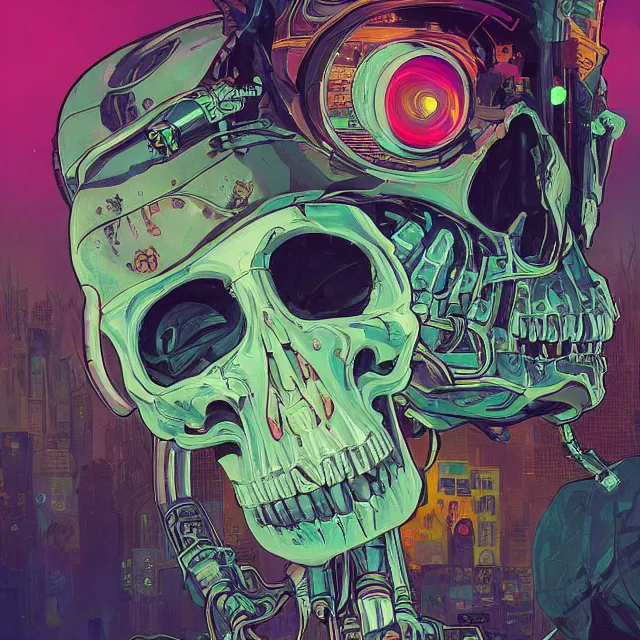 Image similar to a beautiful painting of a cyberpunk skull by simon stalenhag and pascal blanche and alphonse mucha. in style of digital art. colorful comic, film noir, symmetry, hyper detailed. octane render. trending on artstation