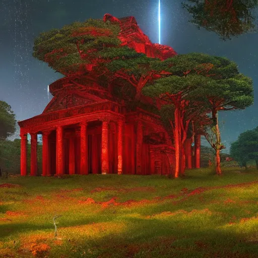 Image similar to red ancient temple, green hills, big trees, star trails, dramatic lighting, artstation, matte painting, caspar david friedrich, simon stalenhag