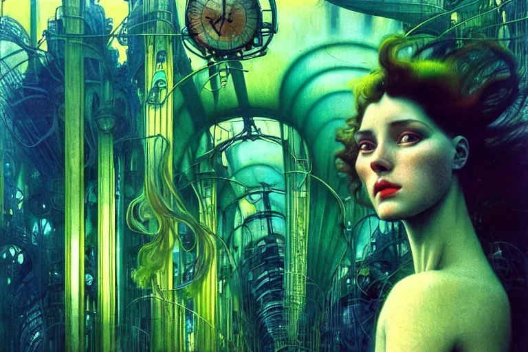 Image similar to realistic detailed photorealistic film portrait shot of a beautiful green haired woman in a crowded futuristic moscow street by Denis Villeneuve, Amano, Yves Tanguy, Alphonse Mucha, Ernst Haeckel, Andrei Tarkovsky, Edward Robert Hughes, Roger Dean, rich moody colours, wide angle, blue eyes