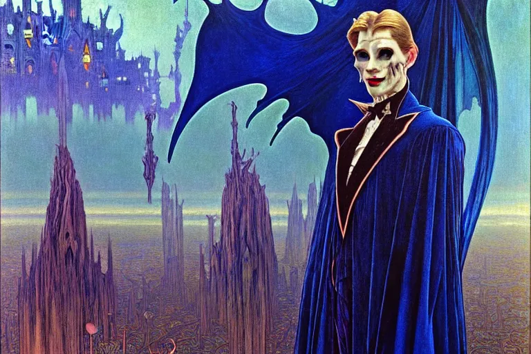 Image similar to realistic extremely detailed portrait painting of an elegantly creepy vampire man in a cape, futuristic sci-fi castle on background by Jean Delville, Amano, Yves Tanguy, Alphonse Mucha, Ernst Haeckel, Edward Robert Hughes, Roger Dean, rich moody colours, blue eyes