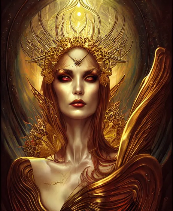 Prompt: goddess of the undead, unholy, portrait, tarot card, ornate, digital art by artgerm and karol bak