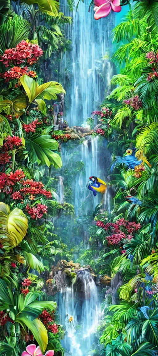 Prompt: cascading concept art of an exotic garden with waterfall pools, macaw parrots, flowers and palm trees, plumeria, detailed, highly detailed, aesthetic, realistic, hyper realism, colorful, in depth, intricate,