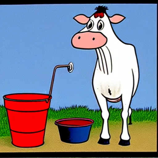 Image similar to a cow points at a bucket, far side, illustrated by gary larson