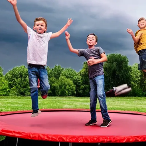 Prompt: two white dads standing by a grill in the suburbs, kid in the background jumping on a trampoline, stormy sky, 4 k,