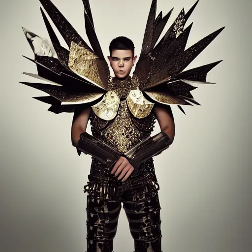 Prompt: a portrait of a beautiful young male wearing an alexander mcqueen armor made of origami , photographed by andrew thomas huang, artistic