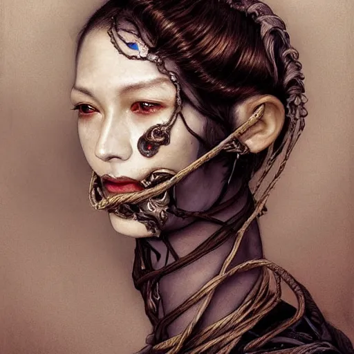 Image similar to portrait of a Shibari cable wrapped face and neck, headshot, insanely nice professional hair style, dramatic hair color, digital painting, of a old 17th century, old cyborg merchant, amber jewels, baroque, ornate clothing, scifi, realistic, hyperdetailed, chiaroscuro, concept art, art by Franz Hals and Jon Foster and Ayami Kojima and Amano and Karol Bak,