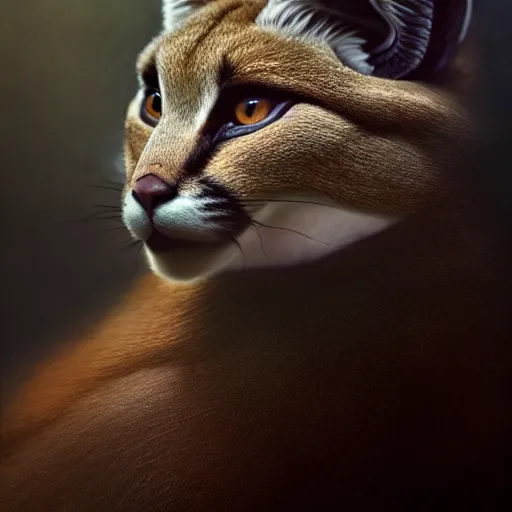 Image similar to a portrait of a cute fluffy caracal wearing leather armor from skyrim, fantasy setting, dark environment, serene colors, soft lighting, atmospheric, cinematic, moody, in the style of diego koi, gina heyer, luiz escanuela, art by alyssa monk, hyperrealism, rule of thirds, golden ratio, oil on canvas, 8 k