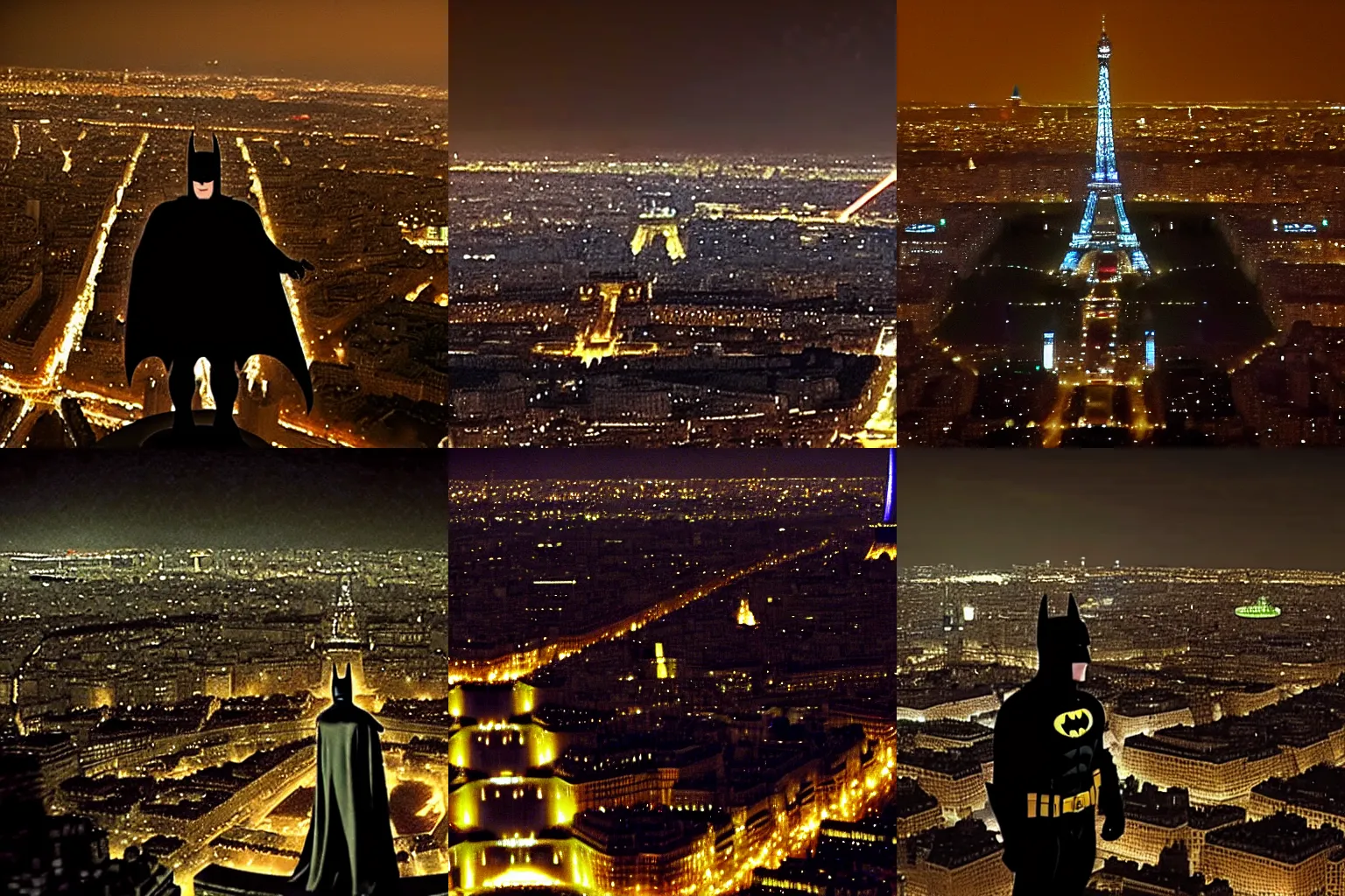 Prompt: batman on top of the eiffel tower overlooking paris at night, 4 k, the dark knight ( 2 0 0 8 ), sharp focus, screencap, cinematic, film footage