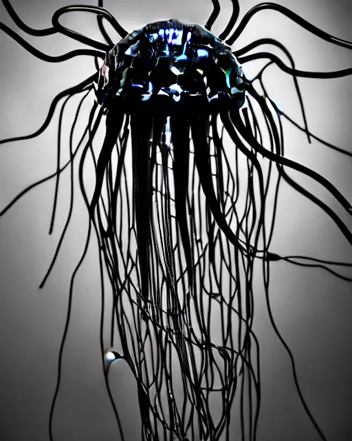 Image similar to black and white cyborg-jellyfish-plant goddess high quality photo, microchip, artificial intelligence, bio-mechanical bio-luminescence, black wired cables, neurons, nerve cells, octane render, cinematic, rim light, hyper realism, photo-realistic, high detail, 8k, masterpiece, high fashion, in the style of Steven Meisel and Dora Maar and H.G. Giger