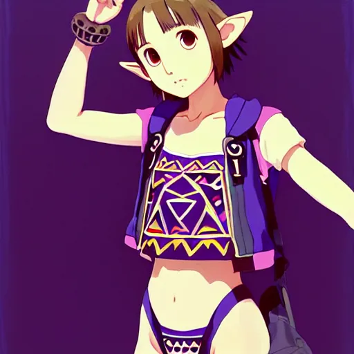 Image similar to beautiful boyish natalie portman gravure model in majora's mask, wearing big mayan bomber jacket with overalls and leotard, big bomber jacket with subtle mayan patterns, aztec bathing suit, gapmoe yandere grimdark, trending on pixiv fanbox, painted by greg rutkowski makoto shinkai takashi takeuchi studio ghibli, akihiko yoshida