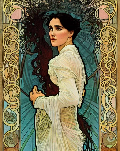 Prompt: highly detailed portrait of jennifer connelly by Alphonse Mucha