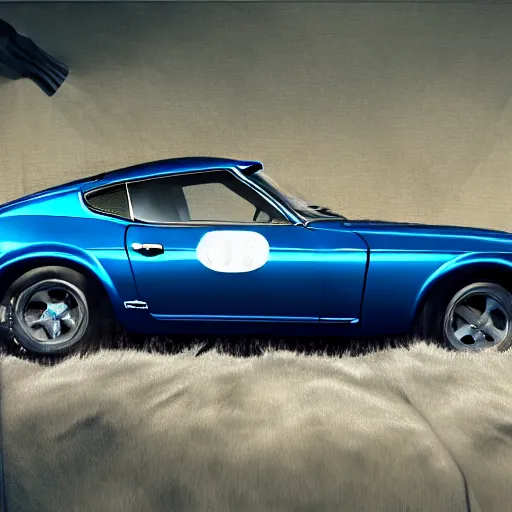 Image similar to a photorealistic image of a blue 1975 Datsun 260Z